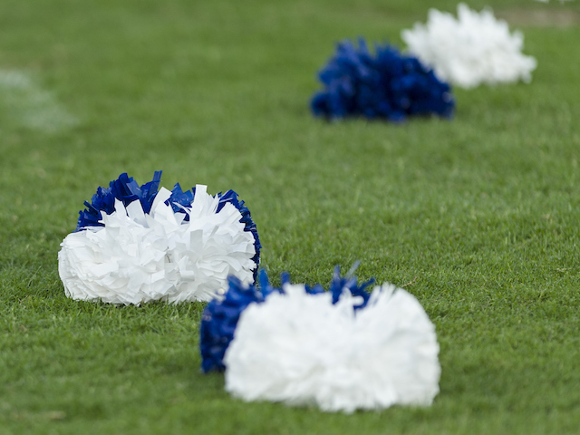 Cheerleader pom poms on the lush grass field with a shallow depth of field