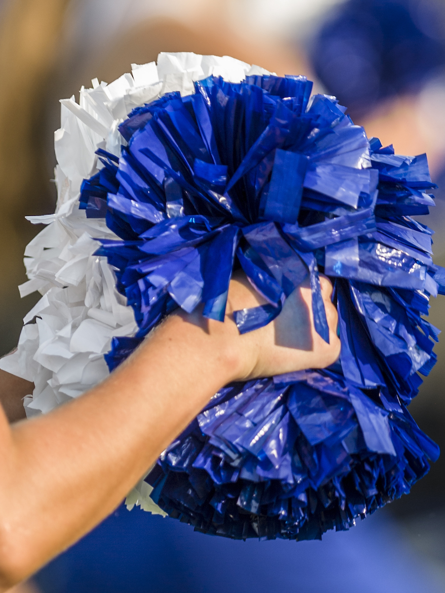 Cheerleader shaking blue and white pom poms